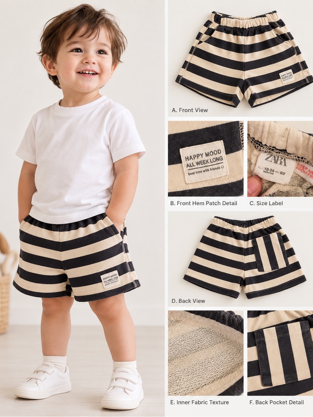 Zara Kids 18–24M Black & Cream Striped Cotton Shorts with Back Pocket
